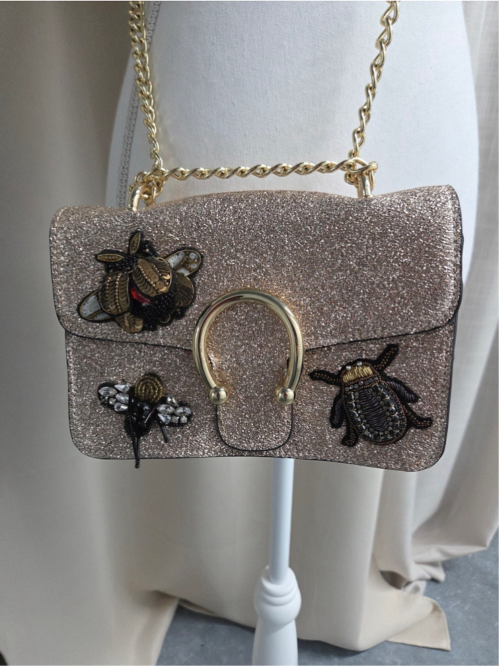 Steve Madden Rose Gold Glitter Crossbody Bag Beaded Bug Bee Beetle Syra Clutch